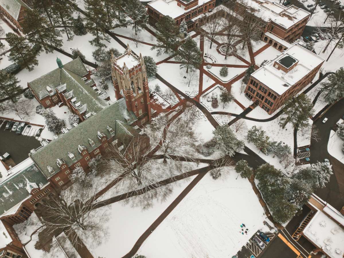 02 University of Richmond UofR - Virginia - Campus School - Lake Winter Snow - Aerial Nature Trail.JPG